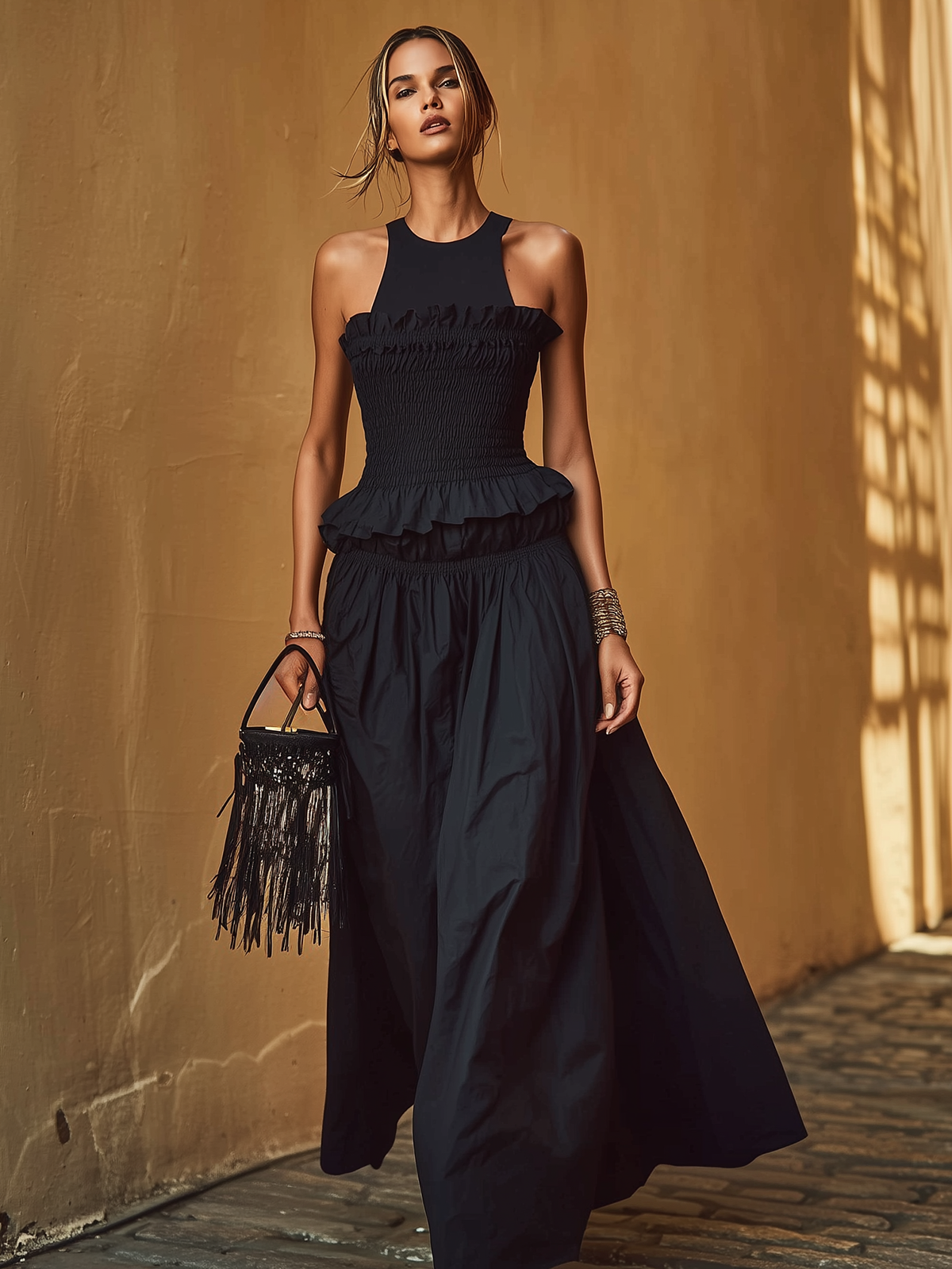 Rockmelan Black Ruffle Maxi Dress Smocked Waist Sleeveless