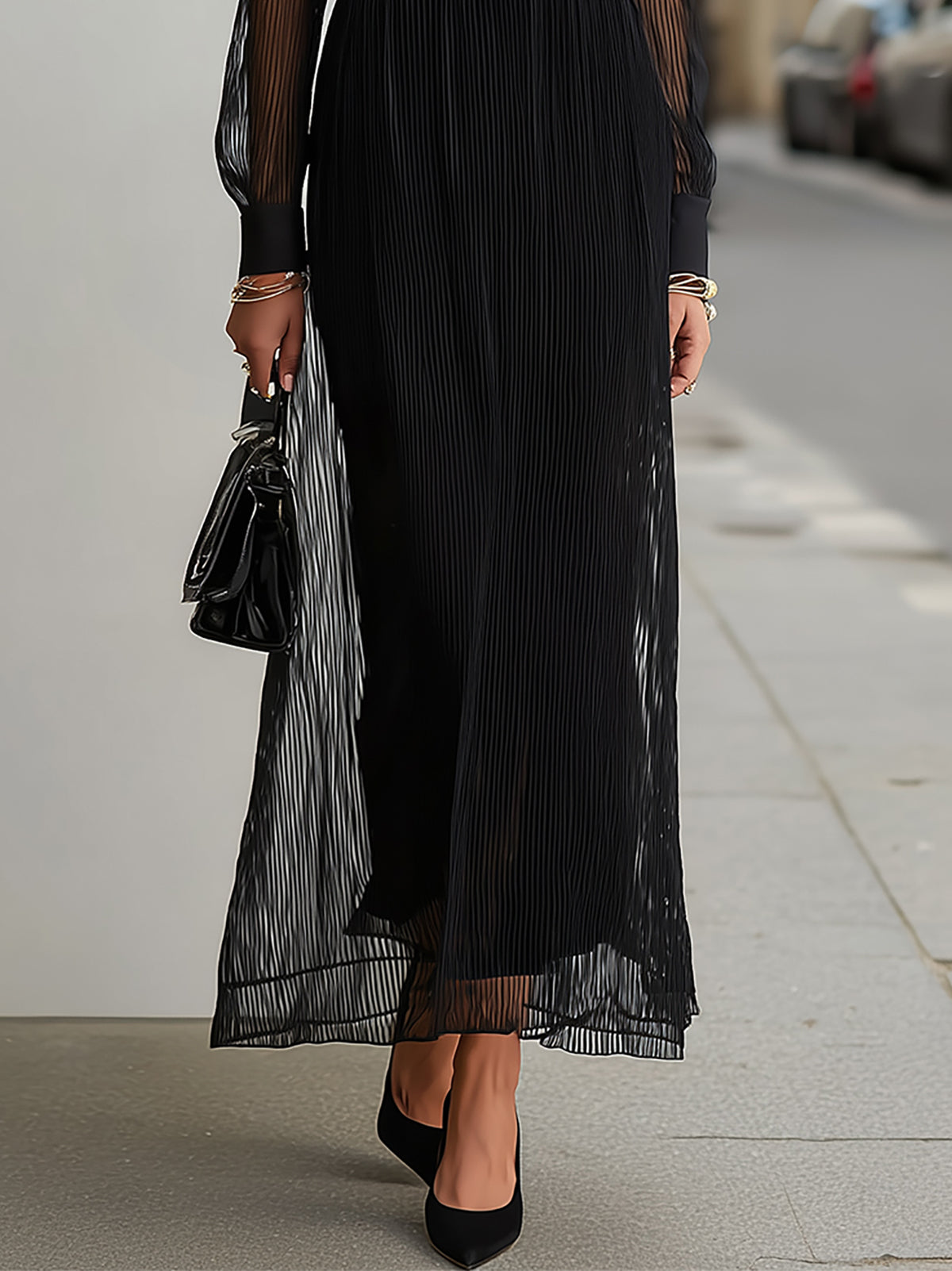 Rockmelan Black Sheer Maxi Dress with Gold Buttons - Long Sleeve