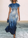 Rockmelan Blue Ombre Stripe Maxi Dress Short Sleeve Flowy