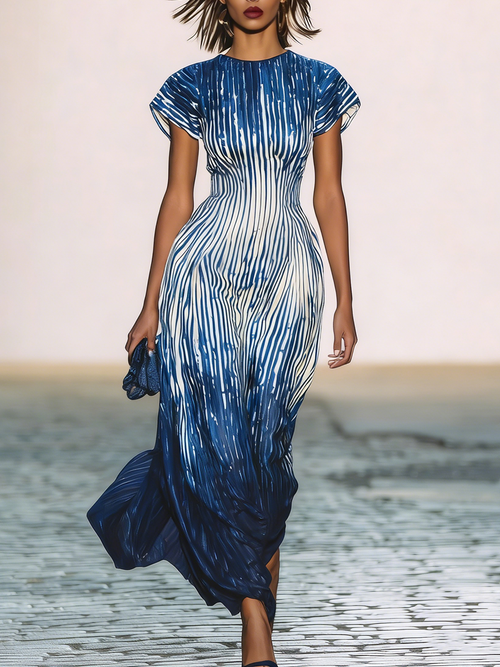 Rockmelan Blue Ombre Stripe Maxi Dress Short Sleeve Flowy