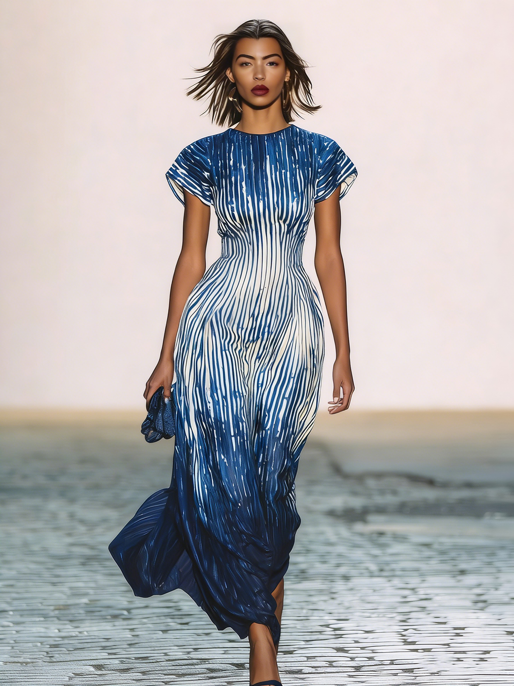 Rockmelan Blue Ombre Stripe Maxi Dress Short Sleeve Flowy