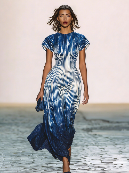 Rockmelan Blue Ombre Stripe Maxi Dress Short Sleeve Flowy