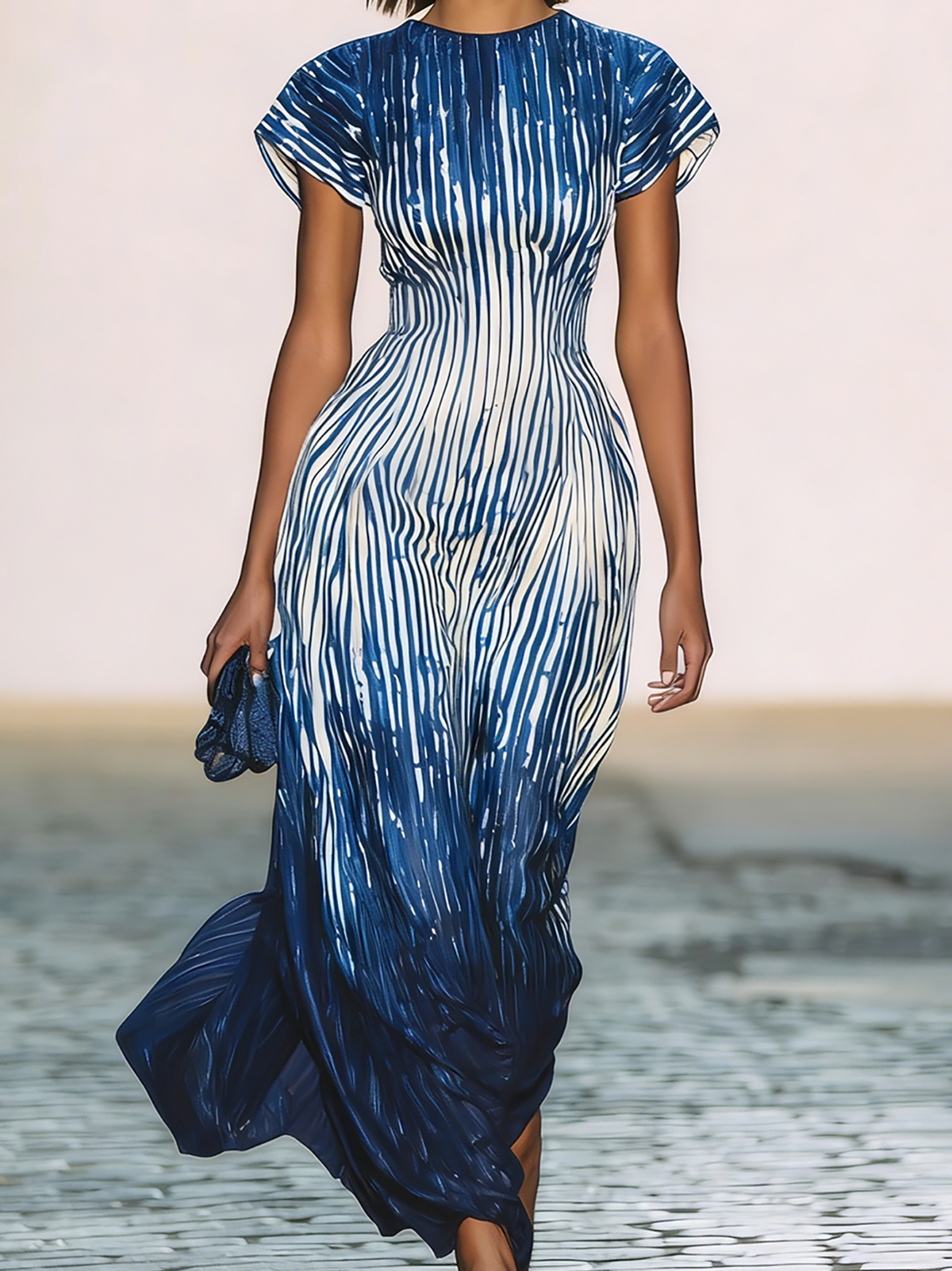 Rockmelan Blue Ombre Stripe Maxi Dress Short Sleeve Flowy