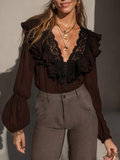 Rockmelan Brown V-Neck Blouse - Elegant Black Lace & Ruffles
