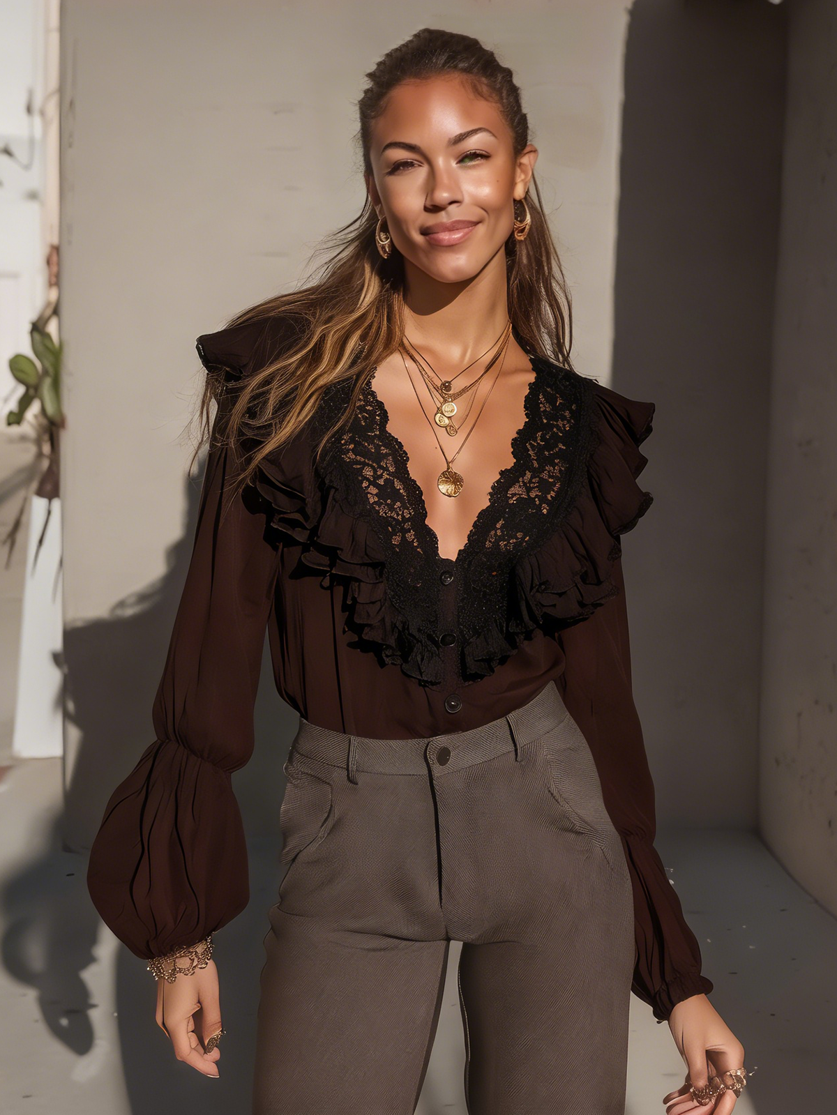 Rockmelan Brown V-Neck Blouse - Elegant Black Lace & Ruffles