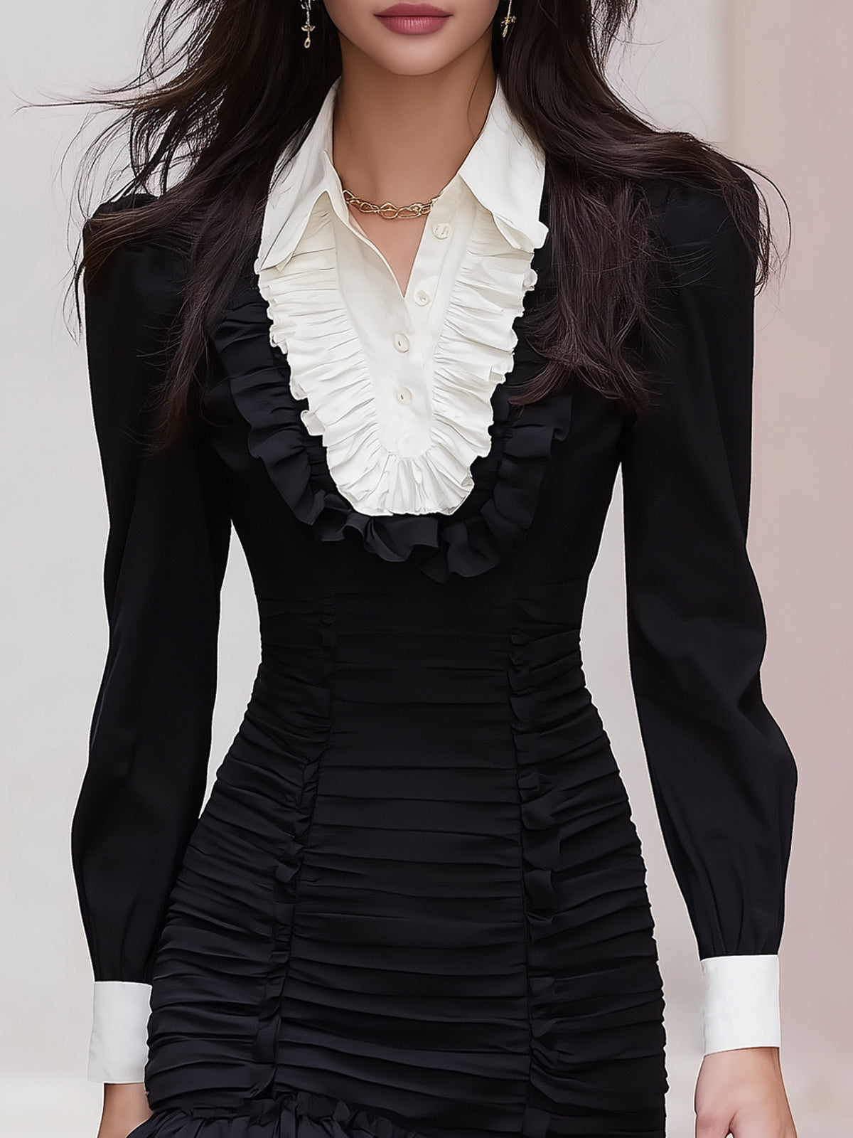Rockmelan Chic Black & White Color-Block Mini Dress with Ruffled Trim