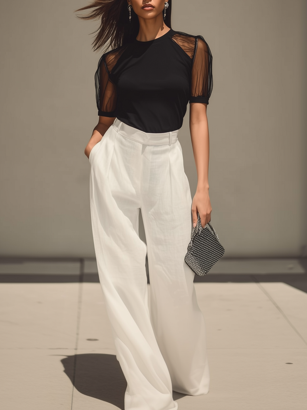 Rockmelan Chic Contrast Sheer Sleeve Top & High-Waist Pants Set