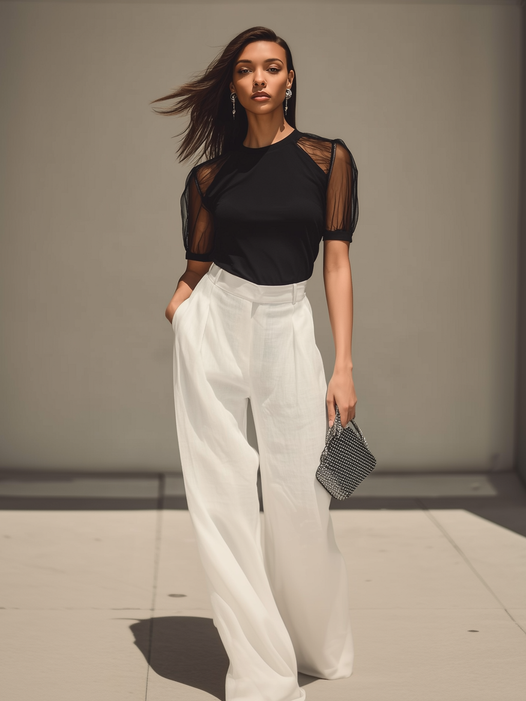 Rockmelan Chic Contrast Sheer Sleeve Top & High-Waist Pants Set