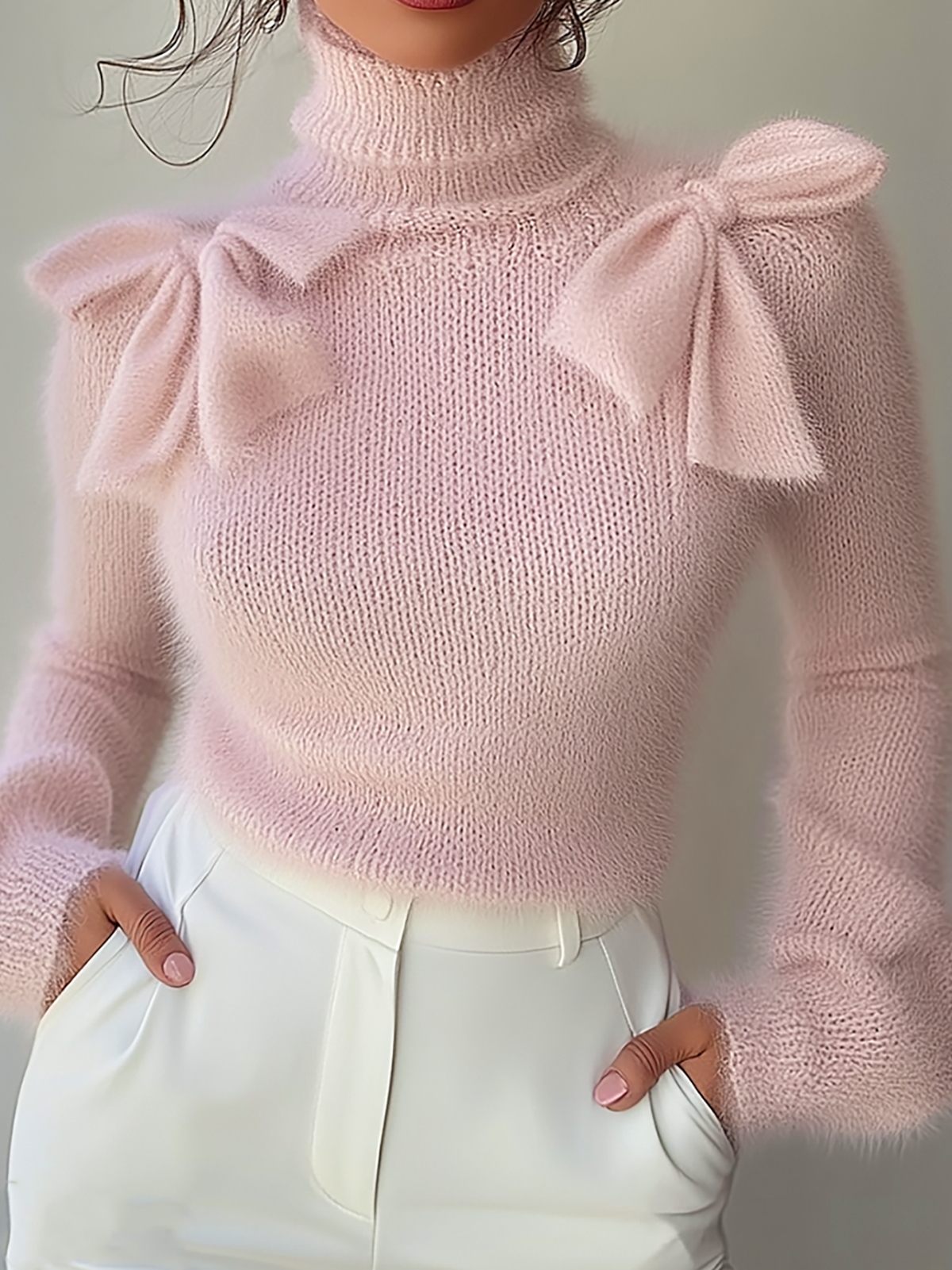 Rockmelan Chic Pink Turtleneck Sweater with Elegant Shoulder