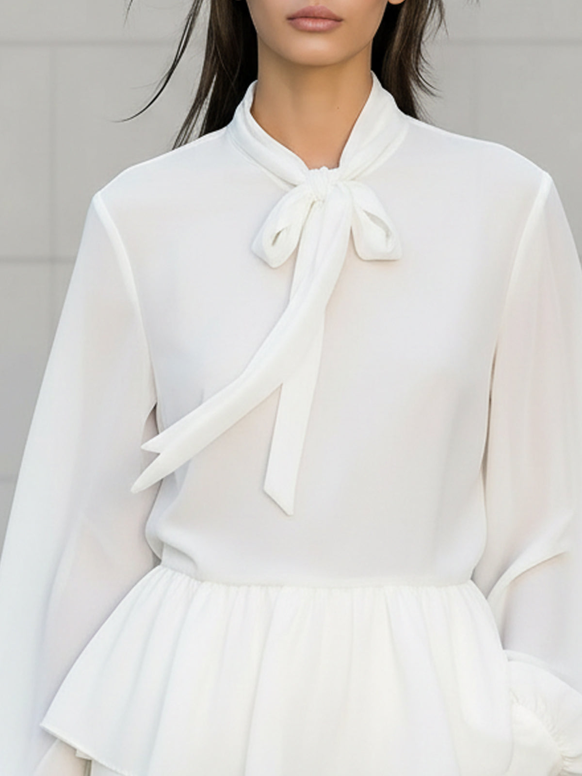 Rockmelan Chic White Chiffon Blouse with Stand Collar & Ruffle Details