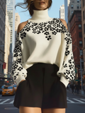 Rockmelan Ivory Cold Shoulder Turtleneck - Bold Black Floral Print