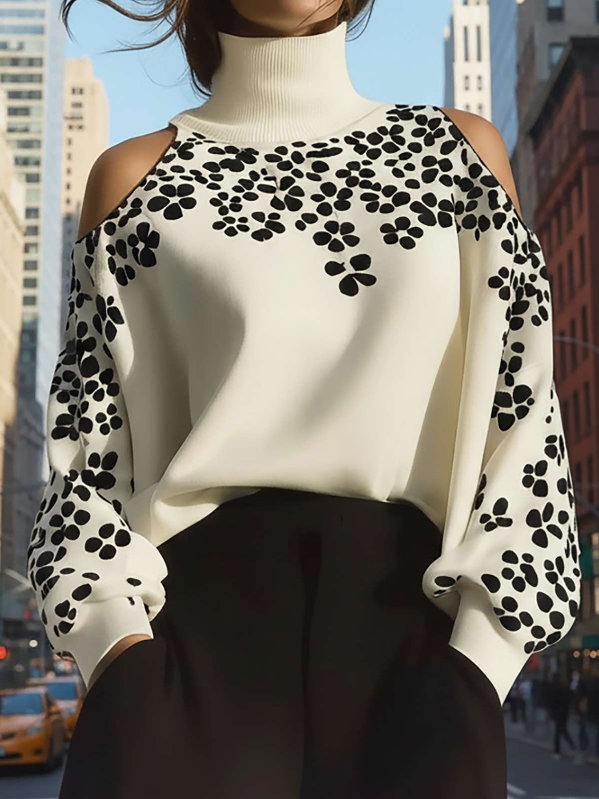 Rockmelan Ivory Cold Shoulder Turtleneck - Bold Black Floral Print