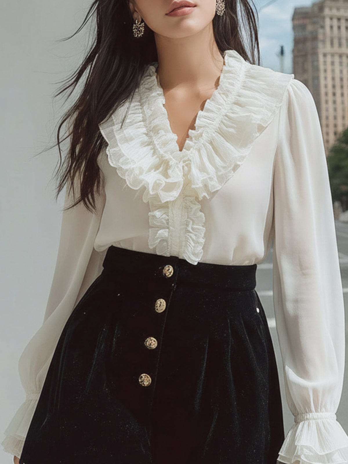 Rockmelan Ruffled V-Neck Blouse and Velvet Shorts Fashion Set