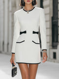 Rockmelan White Bodycon Mini Dress with Black Trim - Long Sleeve