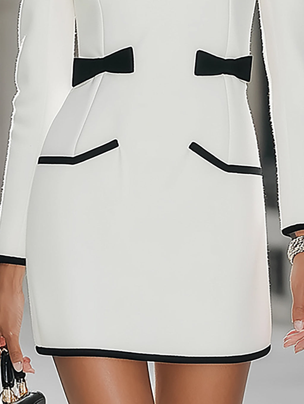 Rockmelan White Bodycon Mini Dress with Black Trim - Long Sleeve