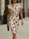 Rockmelan White Floral Print Midi Dress with Ruffle Sleeves