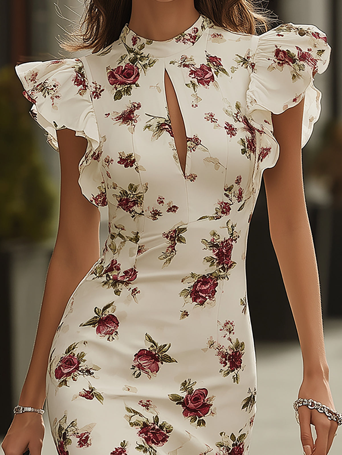 Rockmelan White Floral Print Midi Dress with Ruffle Sleeves
